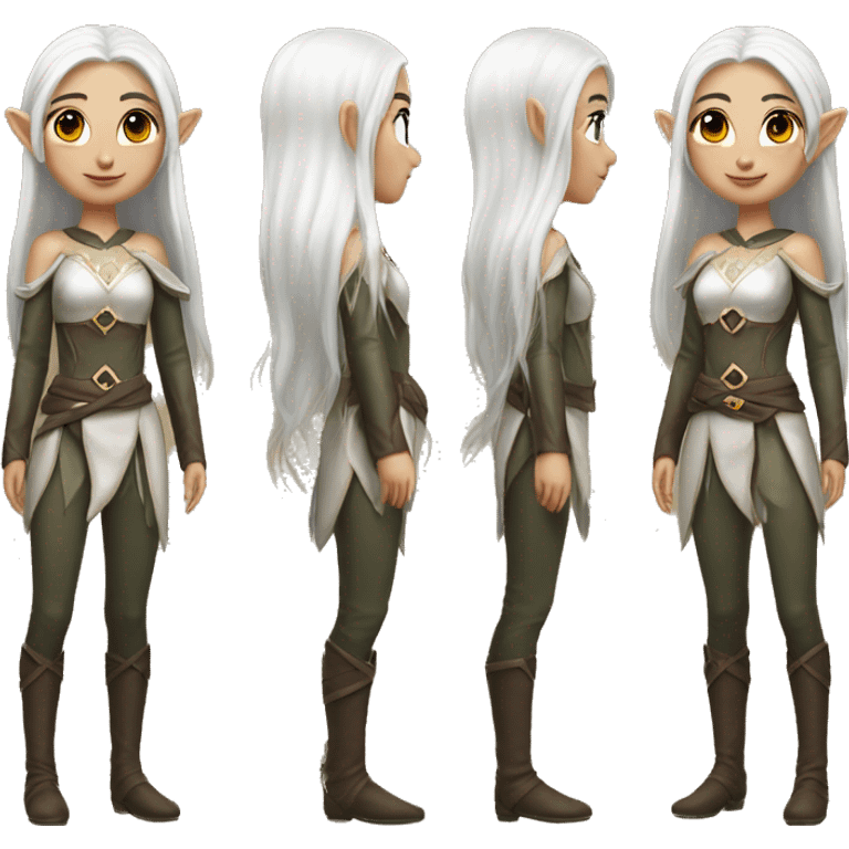 Asian feminine full body slim long white hair elf leather costume emoji