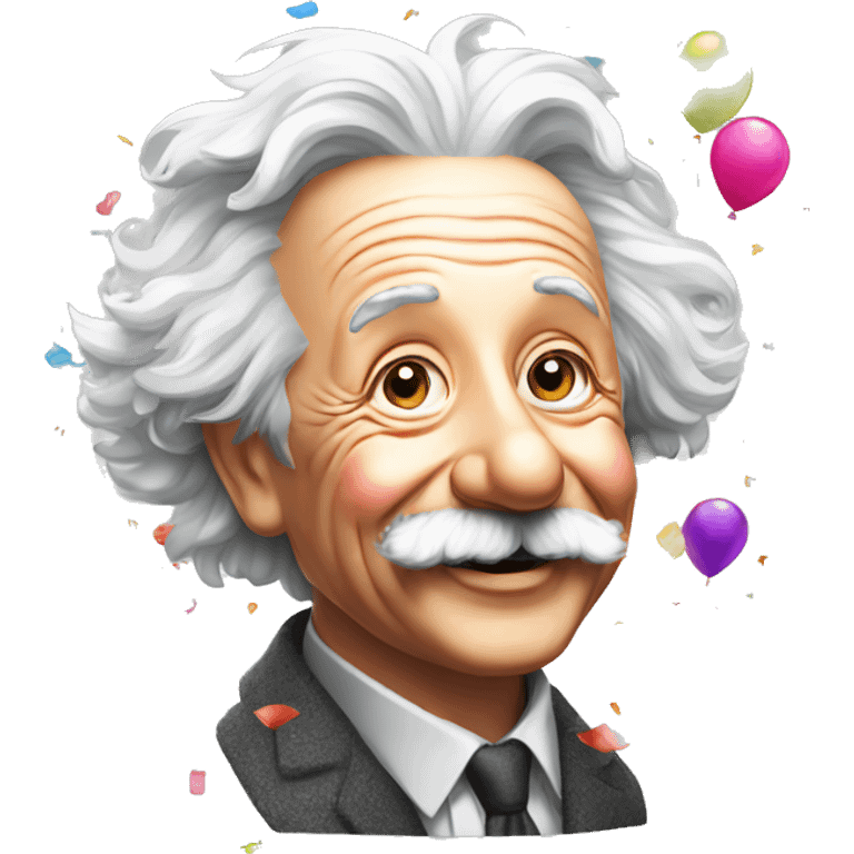 happy albert einstein with colourful confetti and party balloons emoji