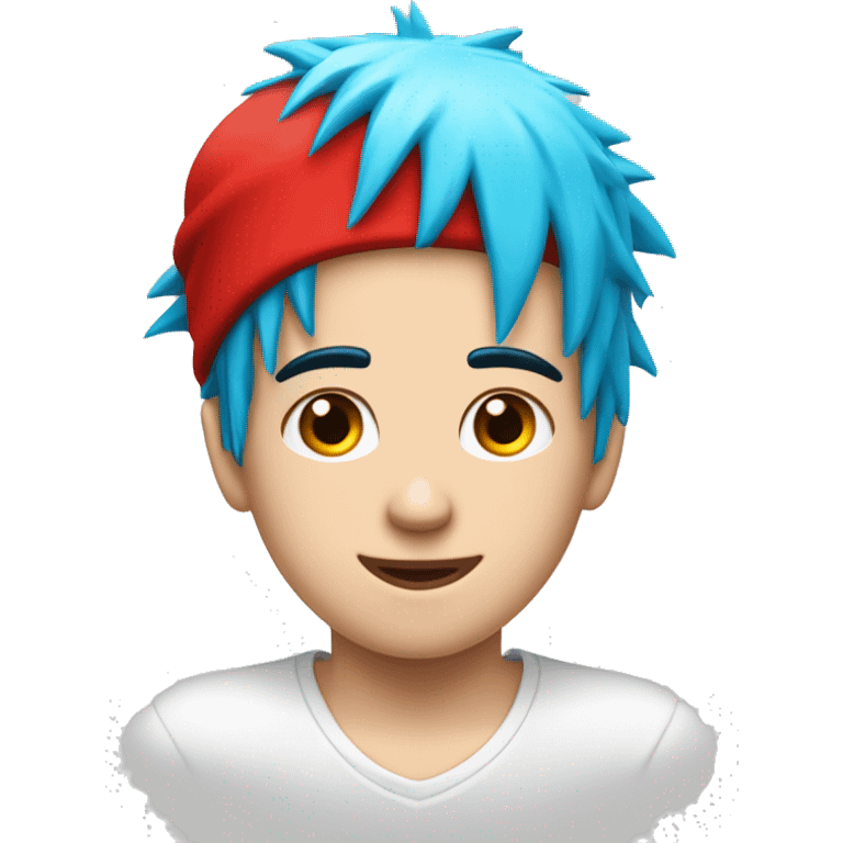 a white kid with cyan blue spiky hair with a red hat and a white shirt with a red circle in the middle and in the circle theres a red tilted line in it emoji