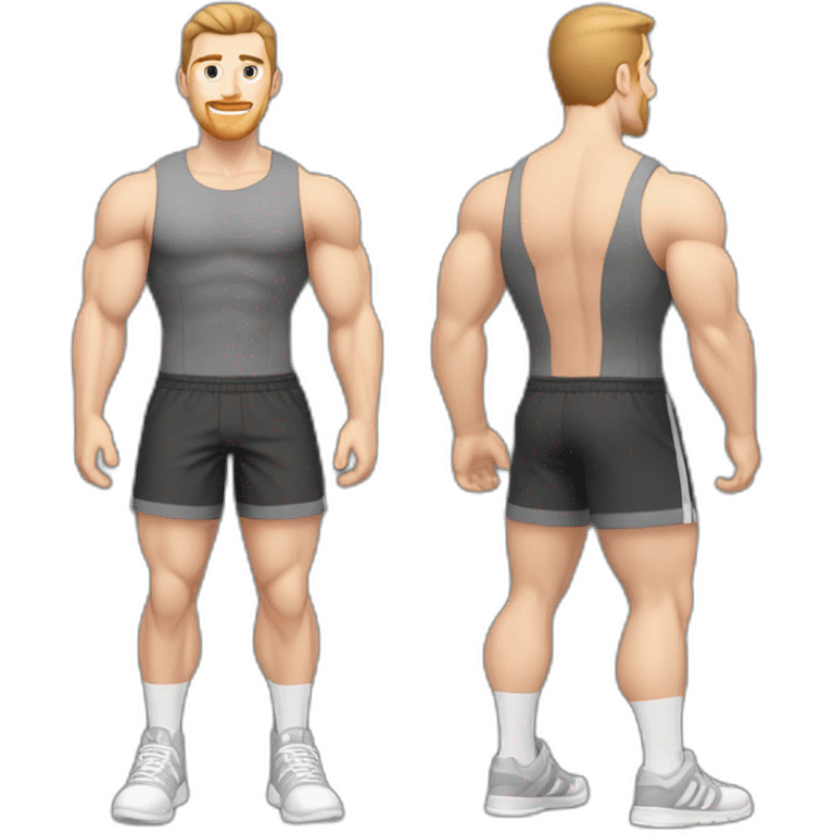 Full height Pale skinned fit man With biceps, Realistic eyes and mouth, light brown hair and stubble In dark gray sleeveless mike, black oversize sports shorts, watch and white sneakers. emoji