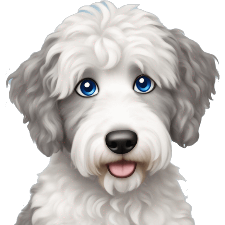 White and gray Aussiedoodle with blue eyes holding coffee emoji