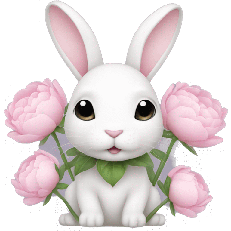 cute white bunny holding light pink peonies emoji