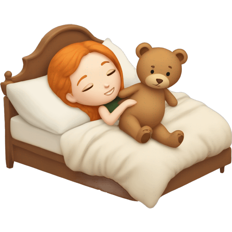 Ginger girl laying with teddy bear in bed emoji