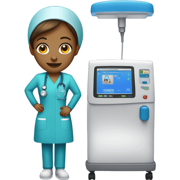 dialysis nurse wearing a blue tunic standing next to a dialysis machine emoji