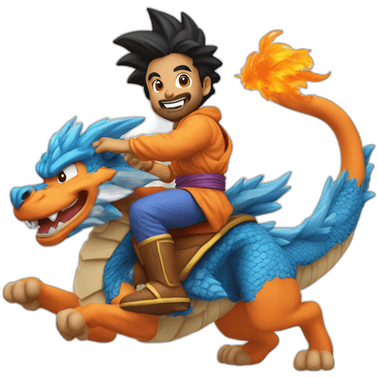 indian adult guy wearing Goku costume riding a blue flying dragon emoji