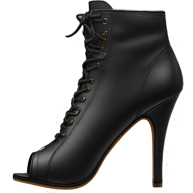 Realistic pair of black peep toe leather high heel bootie boots facing forward.  emoji