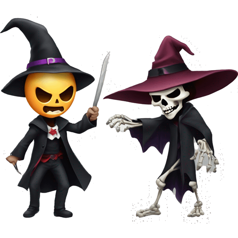 A vampire with a witch hat fighting a skeleton emoji