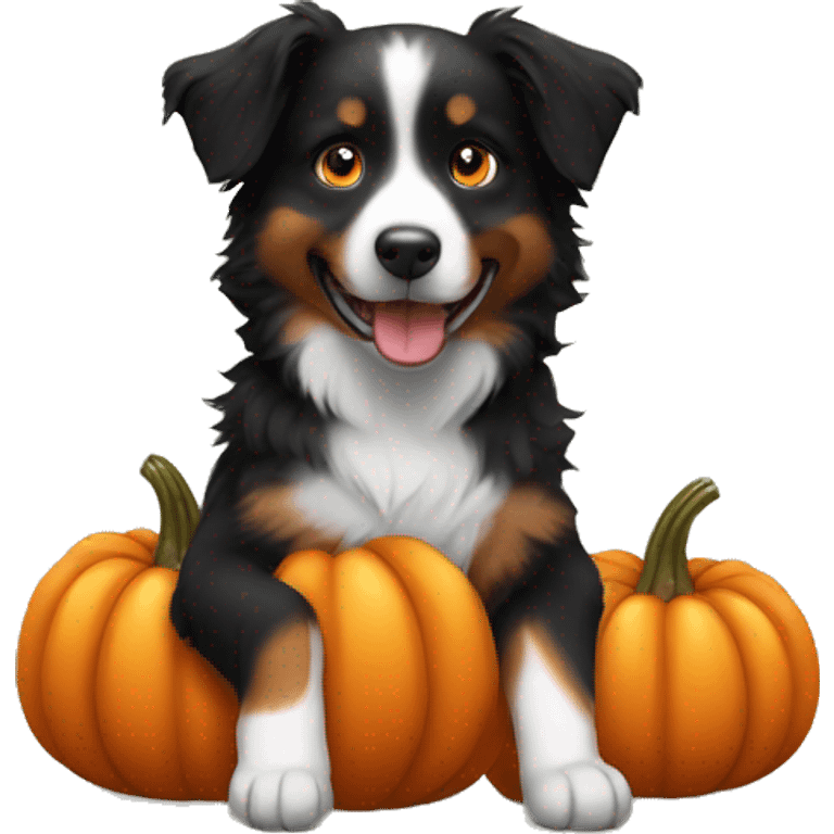 Small black australian shepherd dog in a pumpkin emoji