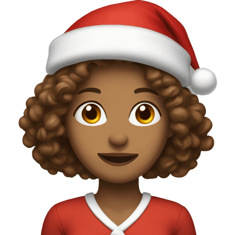 Woman with long brown curly hair wearing Santa hat emoji