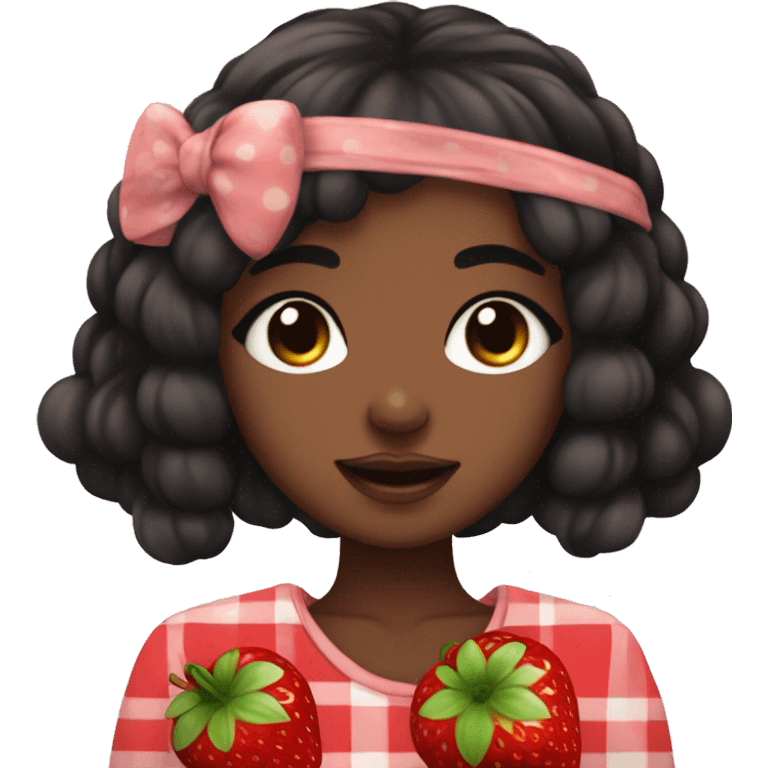 Anime-Style Eyes. African Lady. Kawaii. Cottagecore. Brown Skin. Black hair. Hold a giant strawberry emoji