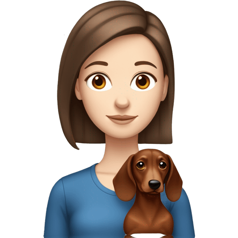 White girl with straight brown hair and blue eyes holding a red dachshund  emoji