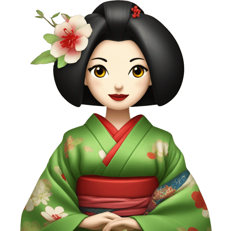 Geisha con kimono rojo y ojos verdes haciendo ceremonia del té  emoji