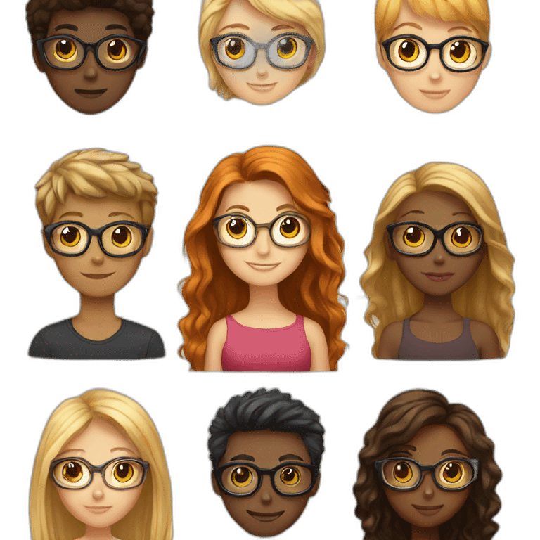 friends; a red long haired girl; black girl; blonde long haired girl; short brown haired boy with glasses; brown haired girl emoji