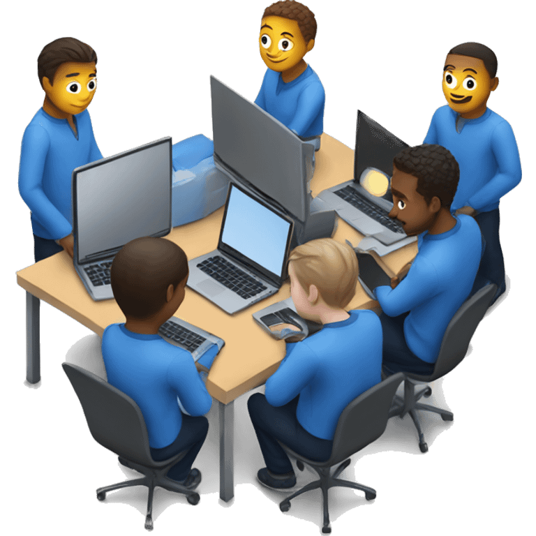 Teamwork with laptops in blue clothes emoji