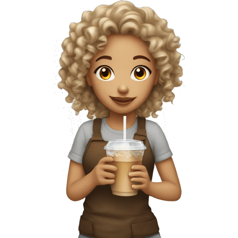 Light skinned girl with curly hair drinking iced coffee emoji