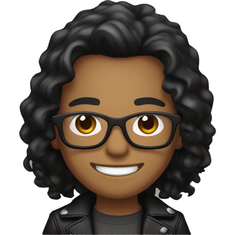 programmer, with light brown skin, square glasses, black wavy hair, wearing a black leather jacket and smiling (show teeth.) emoji