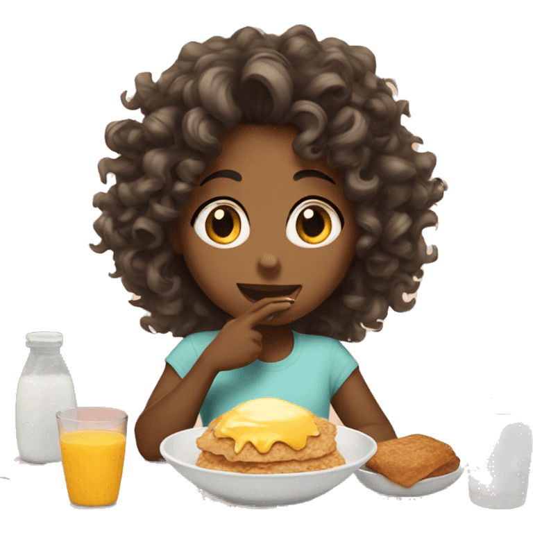 Girl eating breakfast curly hair emoji