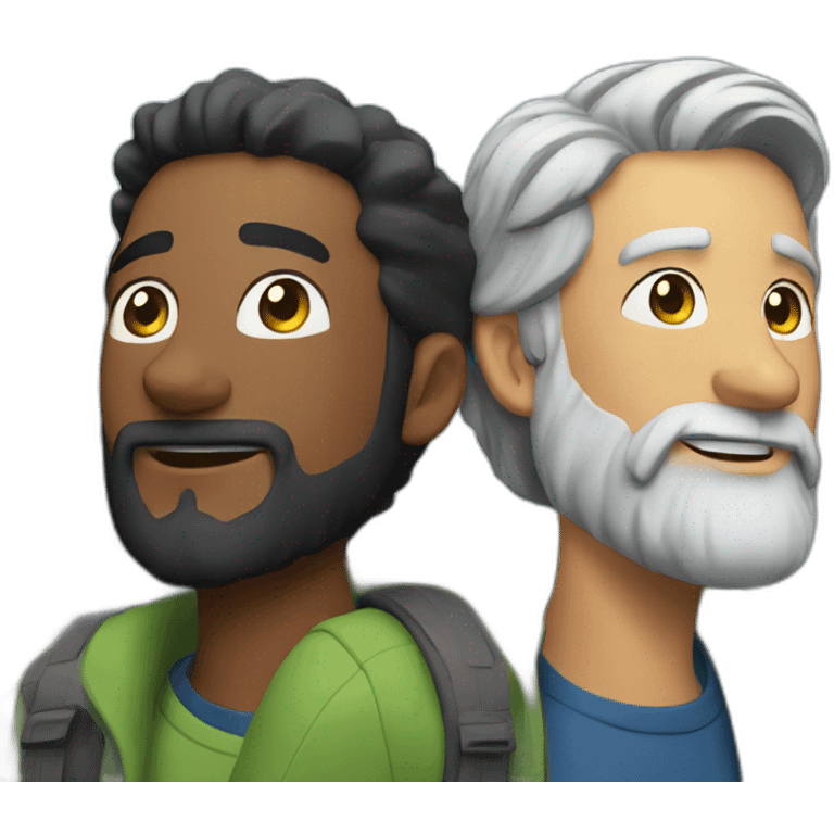 a younger men with a beard and an older men hiking up a mountain emoji