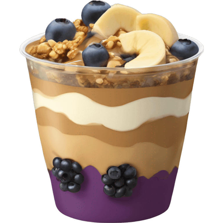 Açai bowl in a cup with layers of peanut butter, cashew nuts, granola, condensed milk, Banana and blueberrys emoji