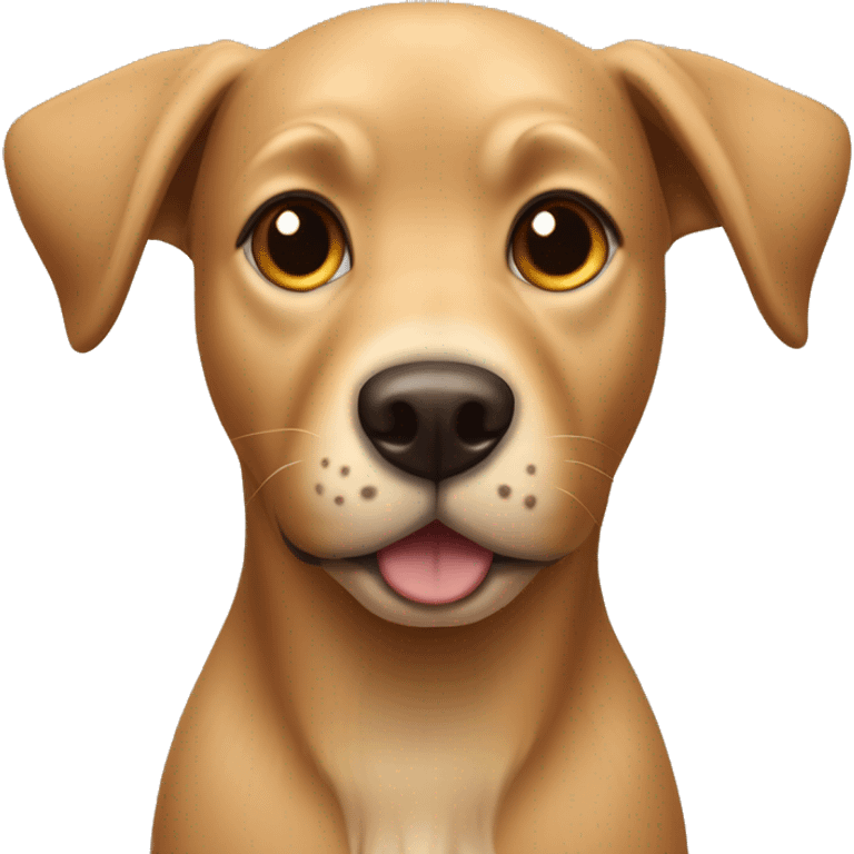 A fawn colored dog with one pointy ear and a floppy ear happy emoji