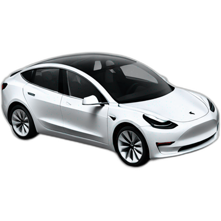 A tesla model 3, white with a bearish gay man waving out the window emoji