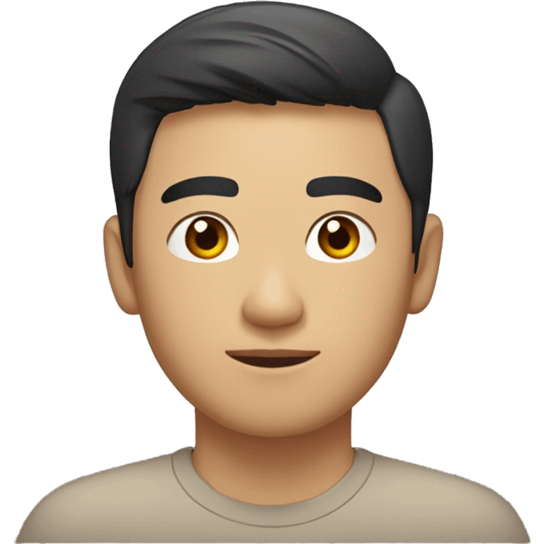 A head and shoulders shot of a 32 year old Asian man, with short black hair,   with brown eyes wearing a t-shirt. emoji