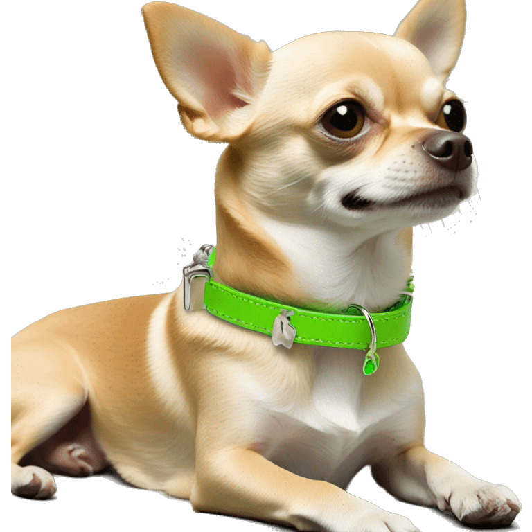 Tan chihuahua sitting with lime green collar with silver dog bone tag emoji