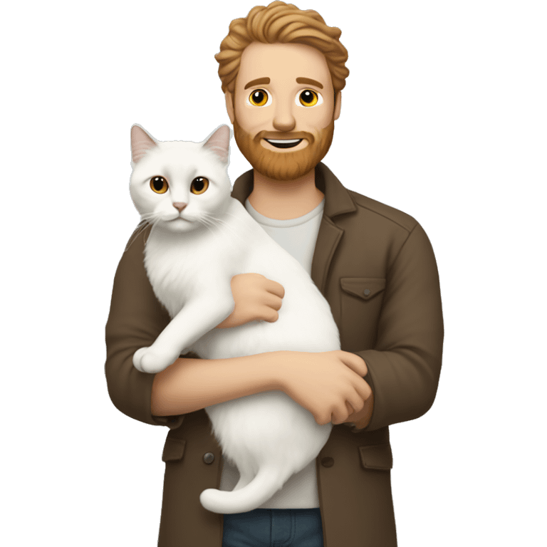 White men with brown beard holding white ragdoll cat emoji