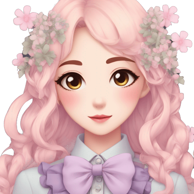 Gorgeous pastel anime style lady with blushing face and flowers and laces and bow ties aesthetic trending style emoji