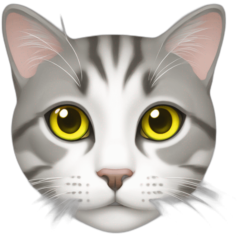 Grey asymmetrical face marking and white tabby european cat with yellow green eyes emoji