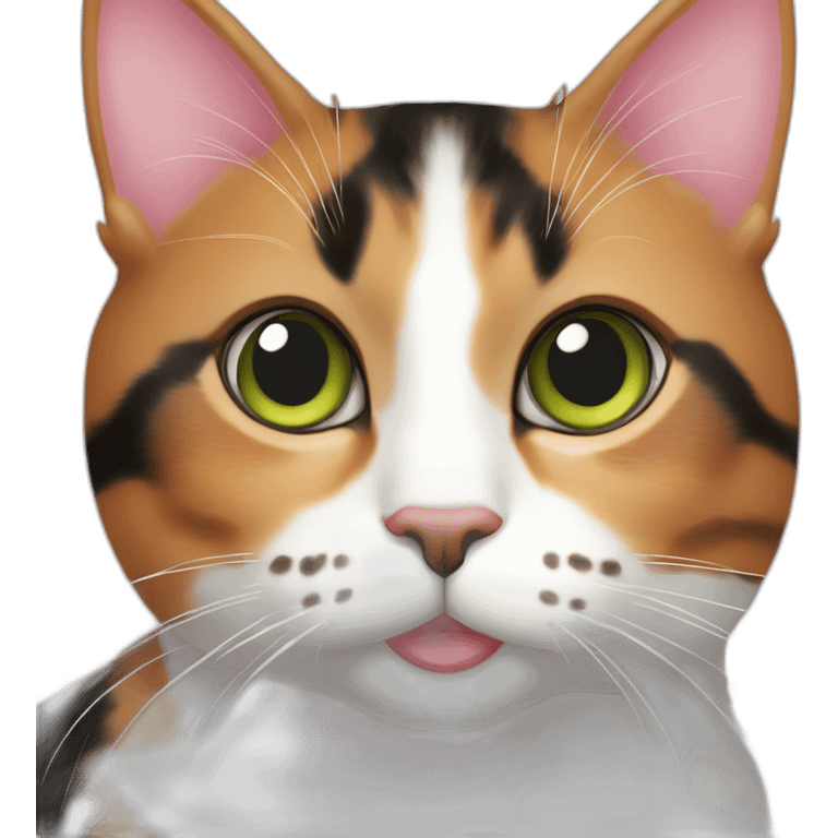 young striped calico cat face with a pink nose, white chin, green eyes, and orange/brown markings emoji