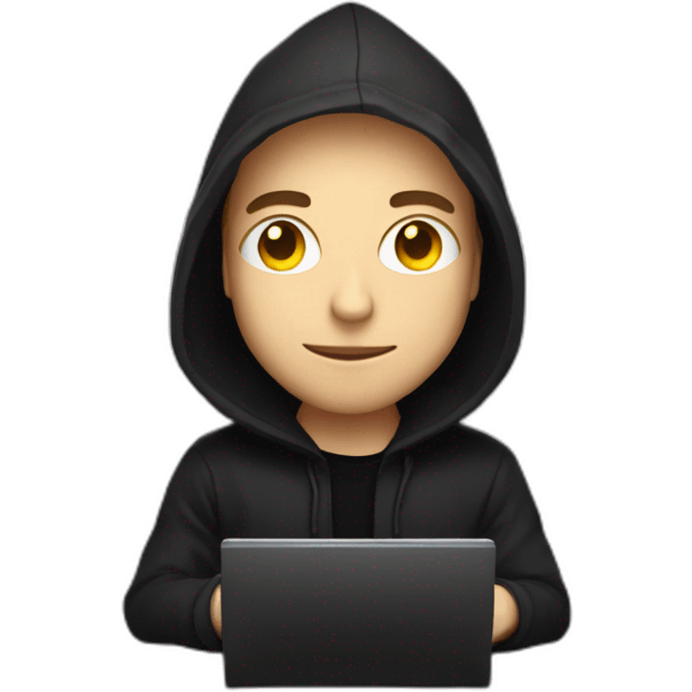 Young white developer with a black hood behind his laptop on a desktop emoji