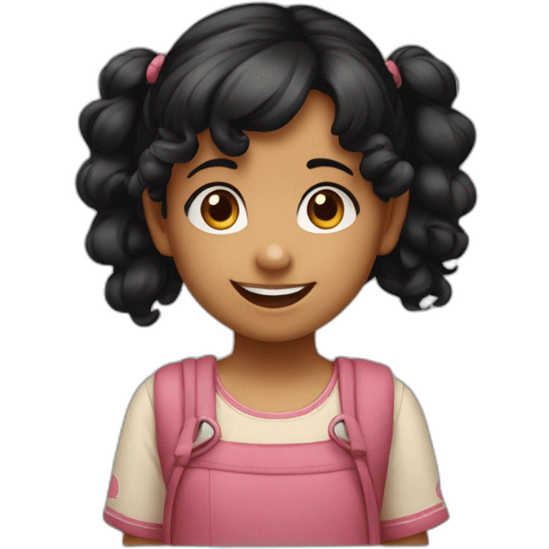 smiling and pointing 3 years old indian girl with black curly hair in pigtails emoji