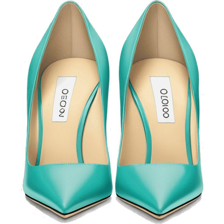 Hyper Realistic isolated top front view of a pair of pointed toe light teal Jimmy Choo high heels. emoji