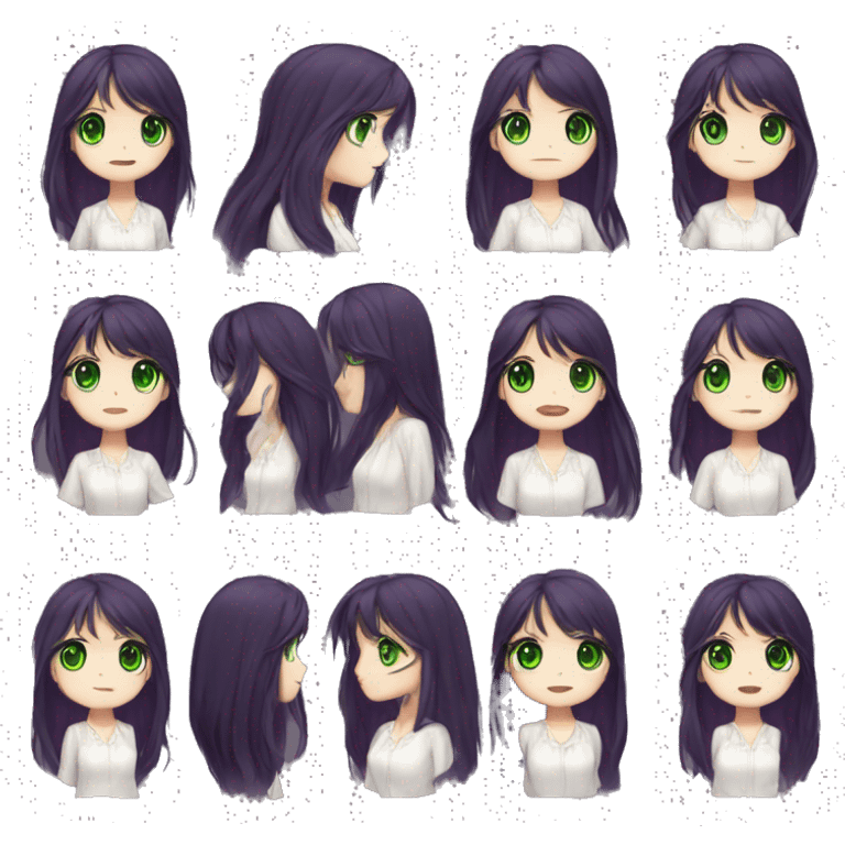 dark Purple long Haired women,the bangs goes up, white blouse,  green eyes, anime, chibi emoji