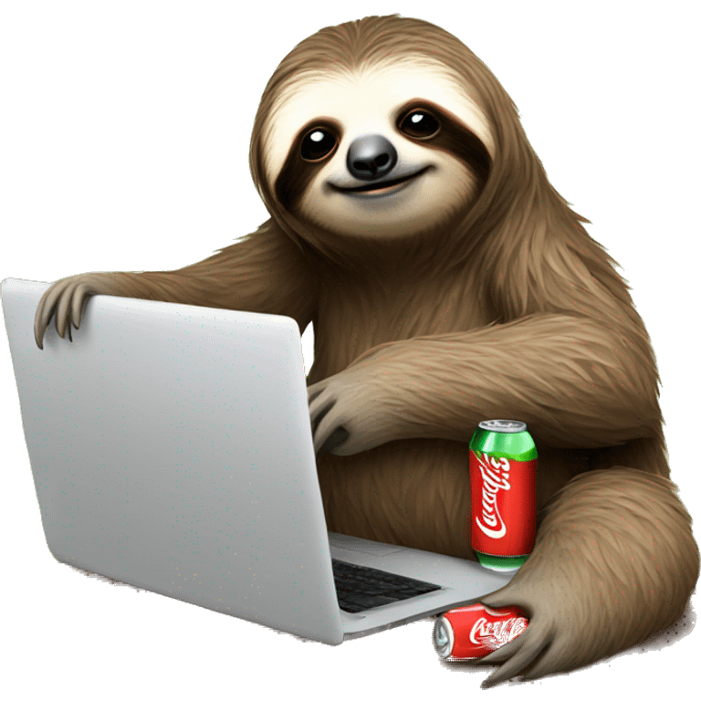 tired sloth with coca cola can and laptop emoji