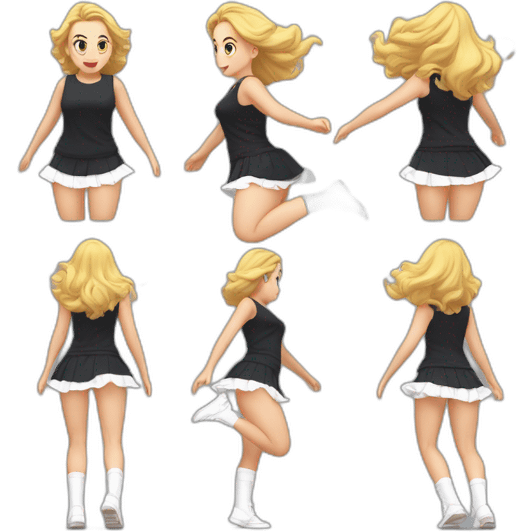 full-body-caucasian-curvy-beauty-jumping-short-black-skirt-back-and-front-views-strong-wind-white-knickers-long-white-socks emoji