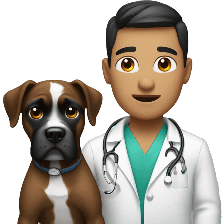 Young Mexican doctor with big black boxer dog with white face emoji