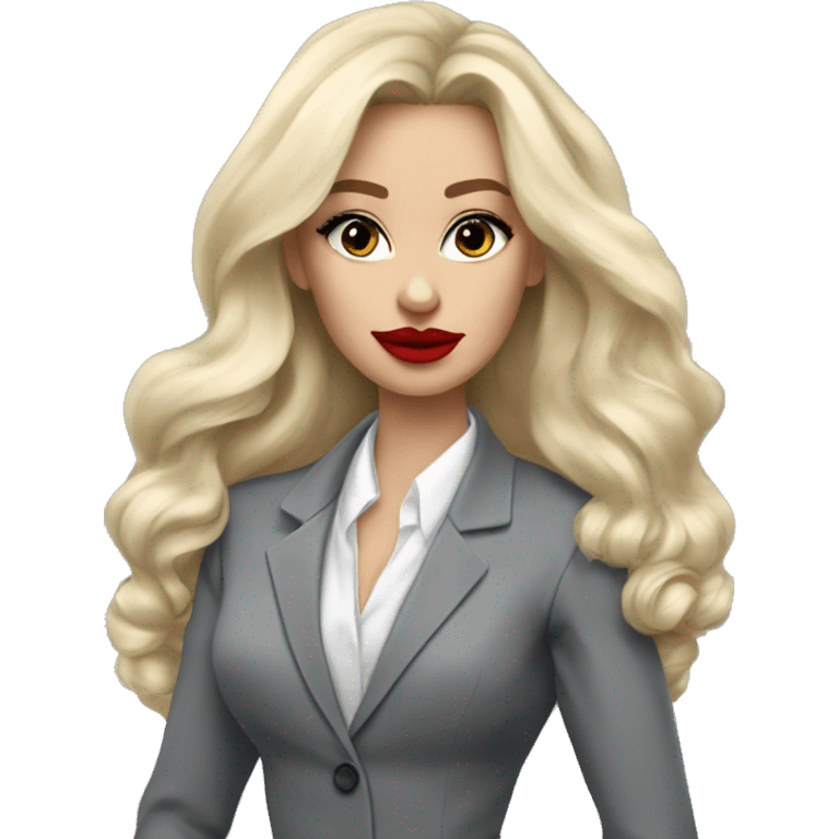 Russian Blonde long hair with big red lips small nose and black eyes Tiffany diamond seller in a grey suit emoji