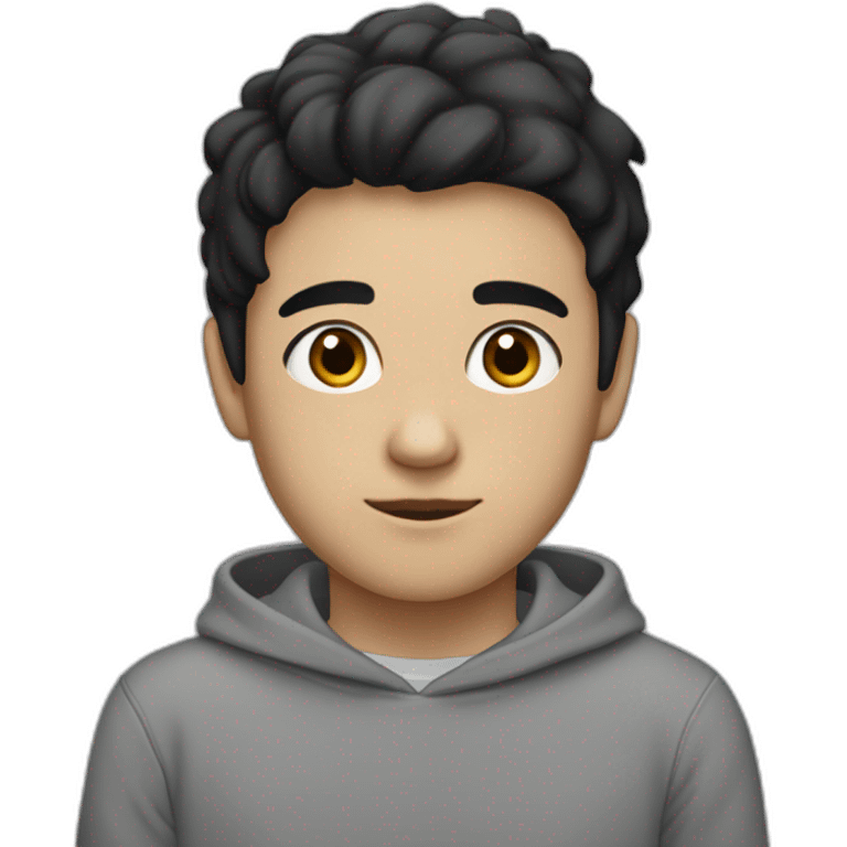 Boy with black hair, medium black eyes with a gray sweatshirt, with a thin face and semi-dark white skin emoji