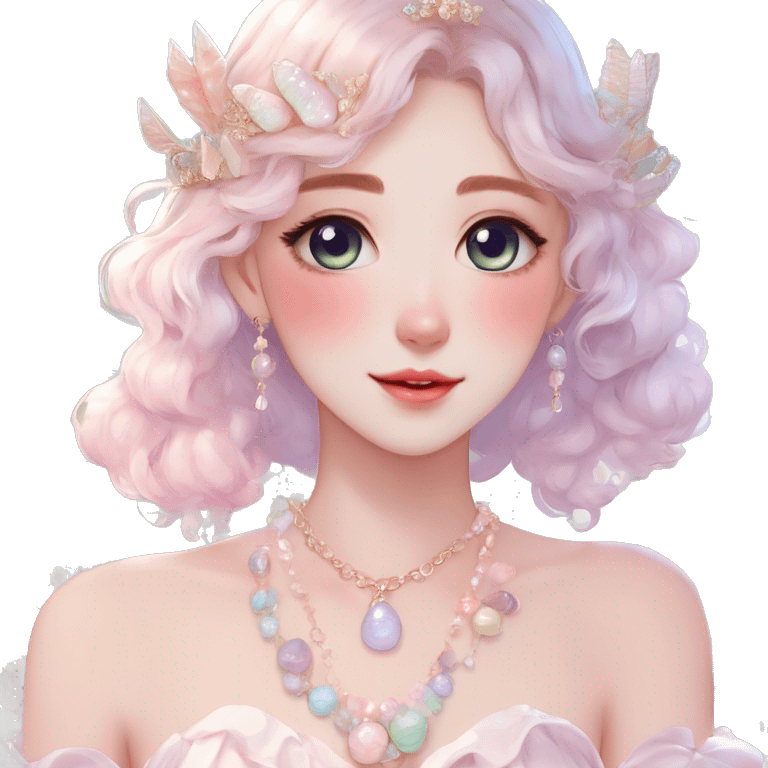 Gorgeous pastel anime style lady with blushing face and seashell-tiara dress necklace cottagecore fairycore pastelcore colorful pearly romantic simplistic aesthetic trending style emoji