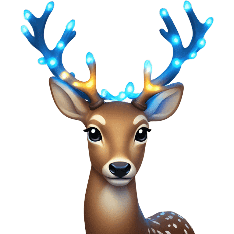 Deer with 8 antlers lit up with warm lights and a blue bow on neck emoji