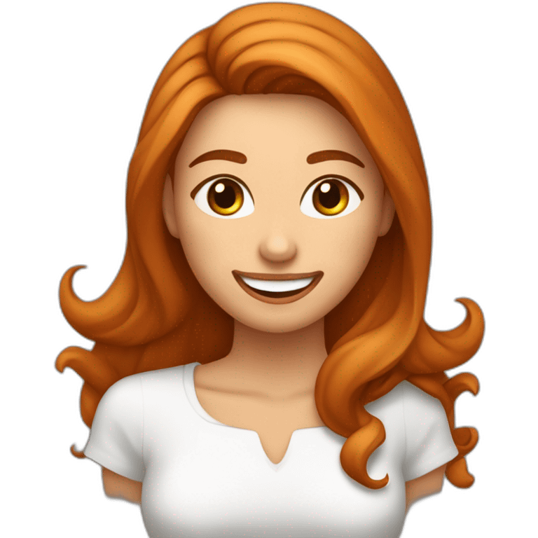 Mulher cabelos compridos lisos de cor ruiva sorrindo mostrando os dentes e mandando beijo emoji