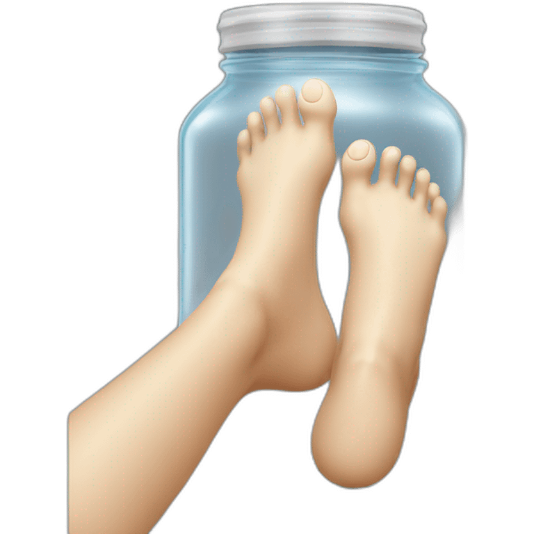 human feet standing on the floor with an empty transparent jar between them,outside,to the left and to the right,front view emoji