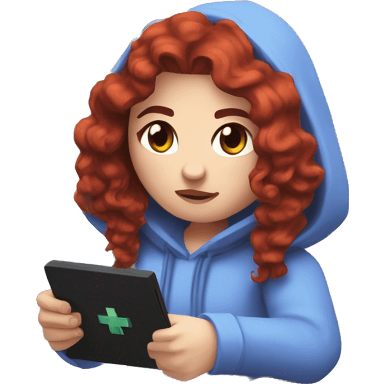 a white girl with long red curly hair, wearing periwinkle Minecraft hoodie playing a videogame emoji