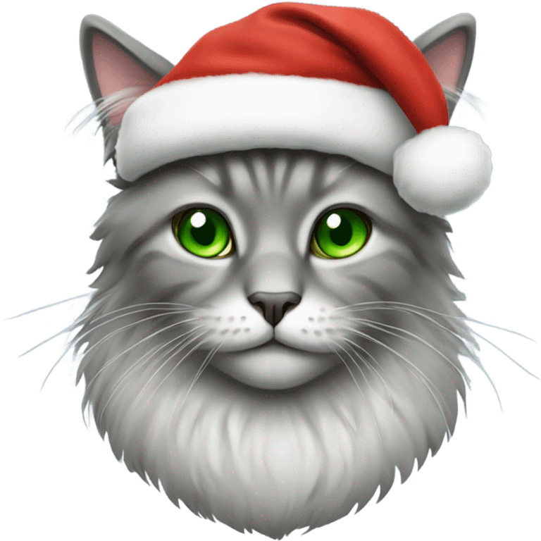 Grey fluffy cat, green eyes, wearing a Santa hat emoji