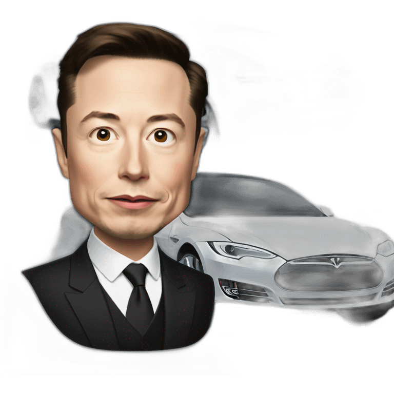 elon musk in suit behind the tesla emoji