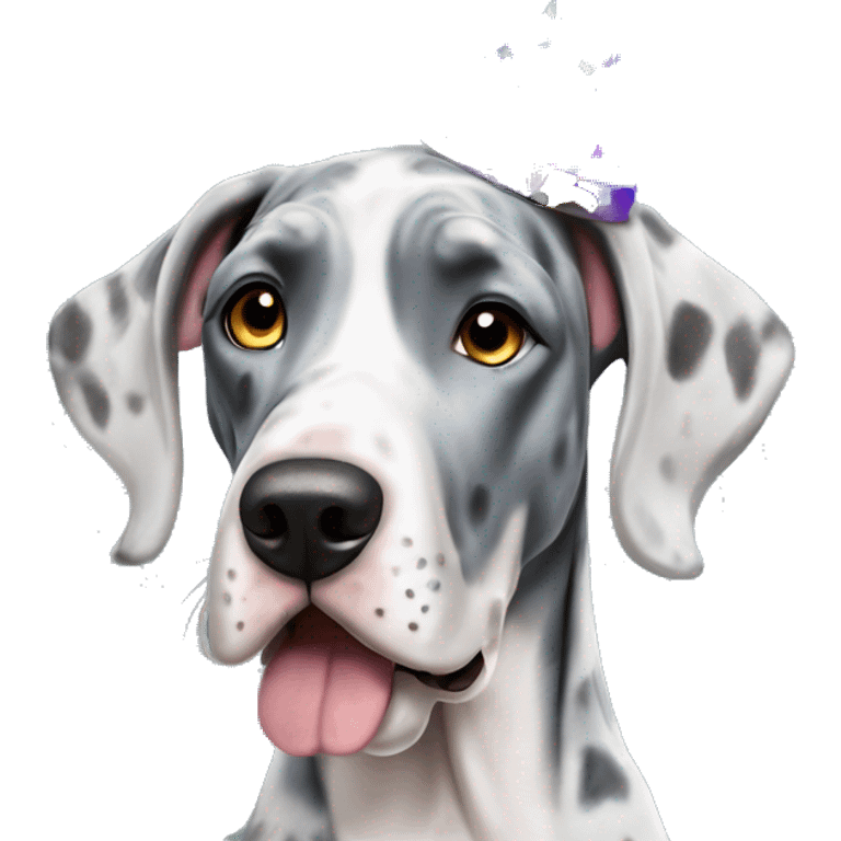 Blue Merle Great Dane wearing party hat emoji