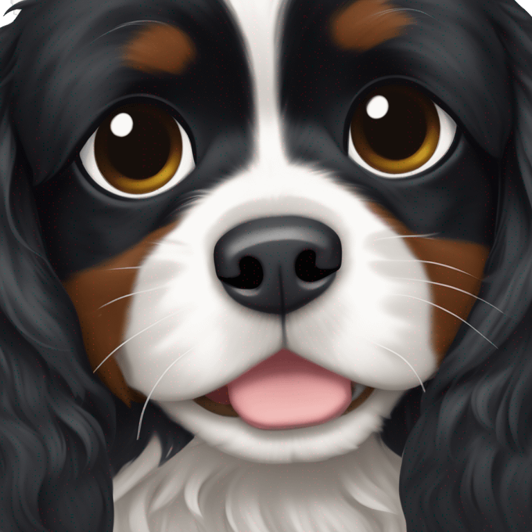 A small completely black Cavalier King Charles Spaniel mix with black, wavy fur, white markings on the chest and muzzle, expressive eyes, and a fluffy tail. emoji