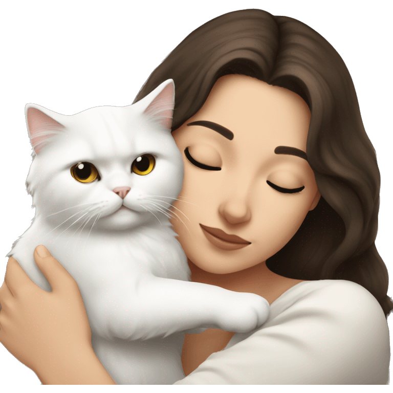 Brunette woman snuggling white Persian cat emoji